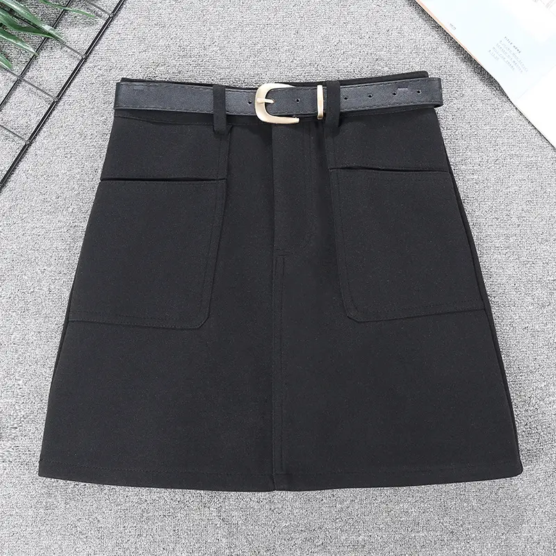 Black A-Large Pocket A-Lined Skirt with Belt