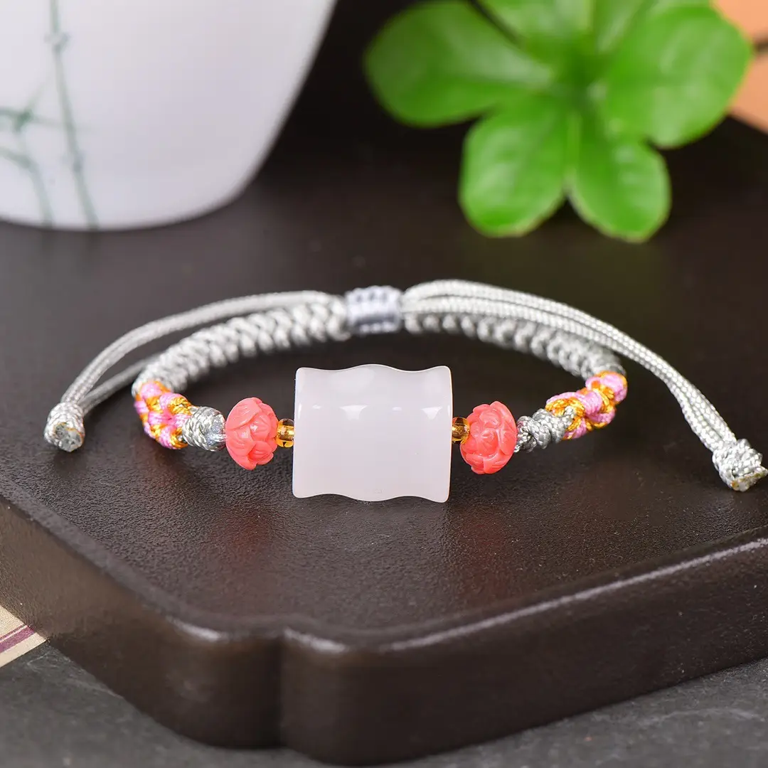 Gold Jade Bamboo Bracelet with Red Stones - Image 2