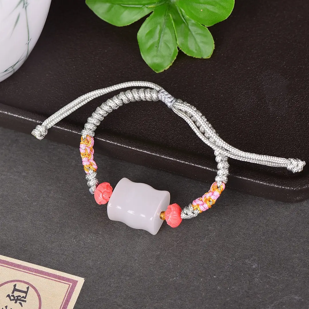Gold Jade Bamboo Bracelet with Red Stones - Image 4