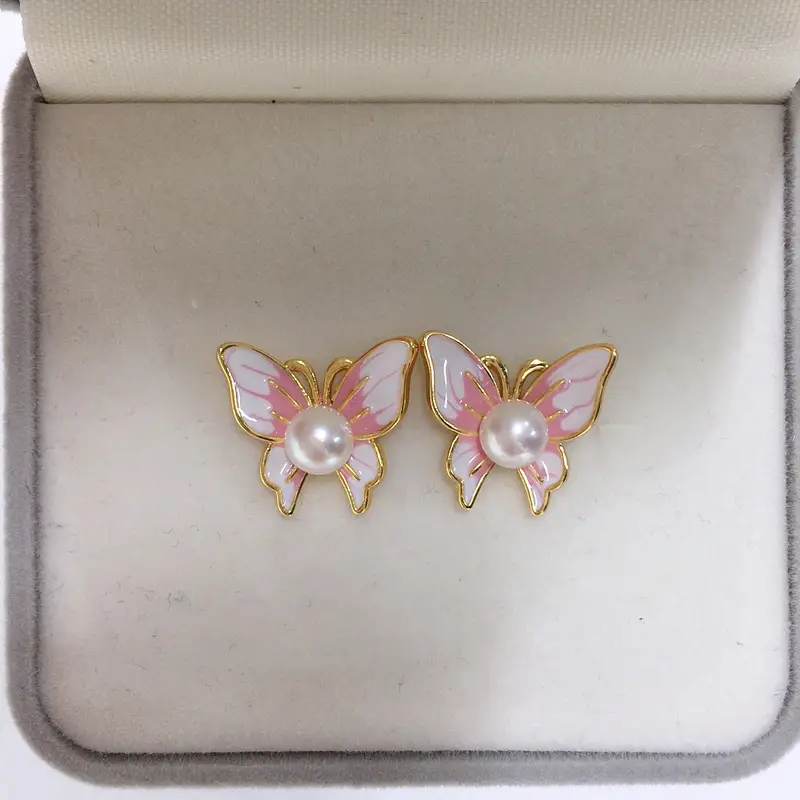5 Pearl Butterfly Earrings 18K Gold Enamel Women - Image 4