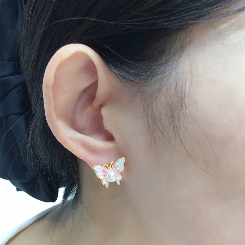 5 Pearl Butterfly Earrings 18K Gold Enamel Women - Image 6