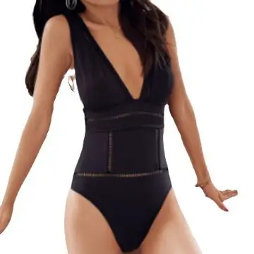Black French Style V-Neck Push Up One-Piece Swim Suit - Image 6