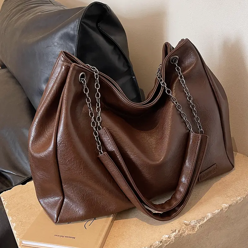Black Leather Chain Shoulder Bag for Women