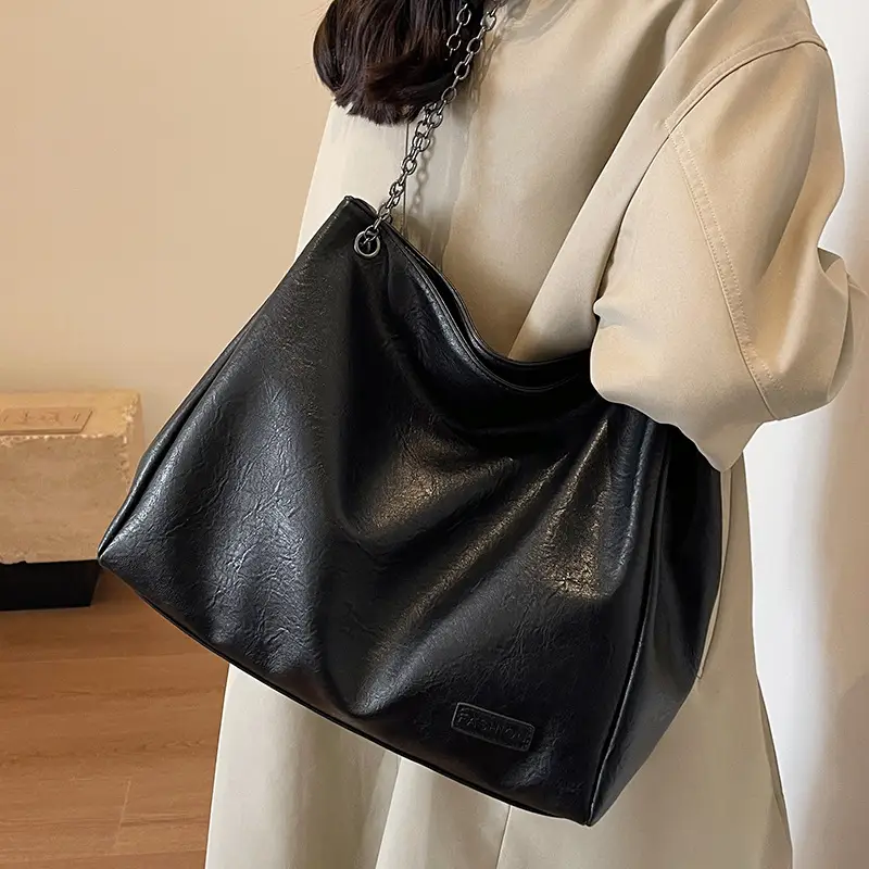 Black Leather Chain Shoulder Bag for Women