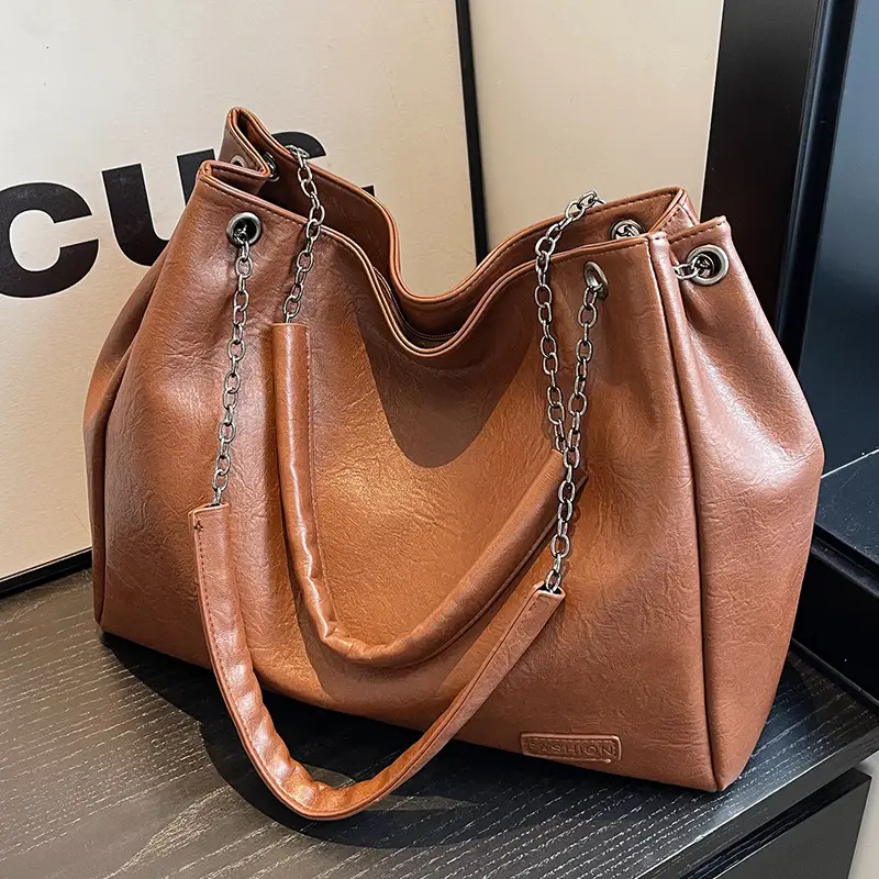 Black Leather Chain Shoulder Bag for Women