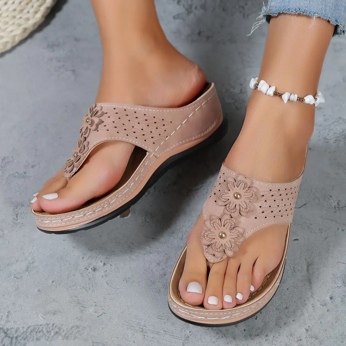 Women's Rivet Flower Hollow Wedge Sandals Plus Size