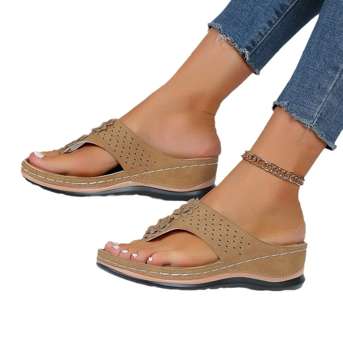 Women's Rivet Flower Hollow Wedge Sandals Plus Size