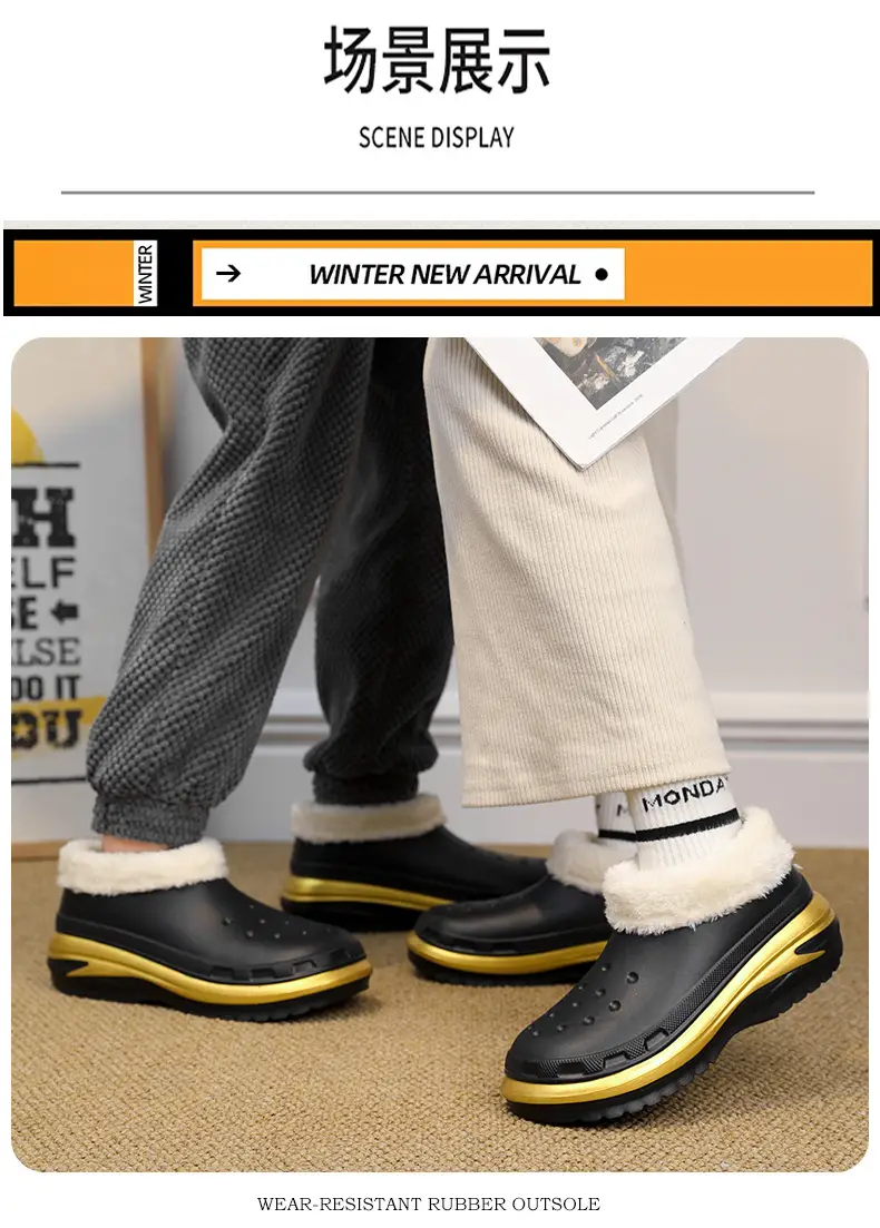 Winter new home fleece-lined warm cotton slippers men's slip-on waterproof couple slippers cotton shoes lazy shoes — feature 8
