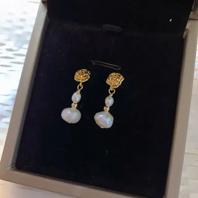 Natural Pearl Earrings for Women S925 Gold Rose Flower Design