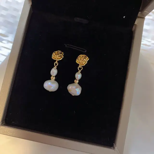 Natural Pearl Earrings for Women S925 Gold Rose Flower Design