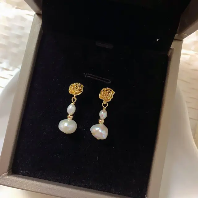 Natural Pearl Earrings for Women S925 Gold Rose Flower Design