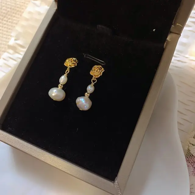 Natural Pearl Earrings for Women S925 Gold Rose Flower Design