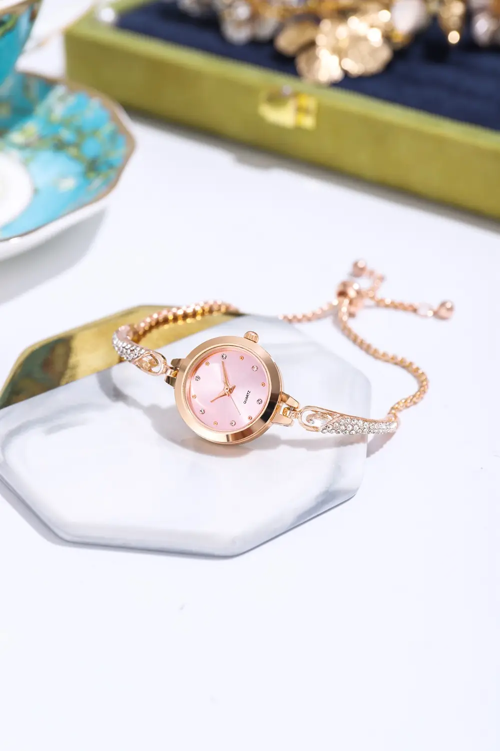 Elegant Rose Gold Women's Bracelet Watch with Crystal Drop — feature 2