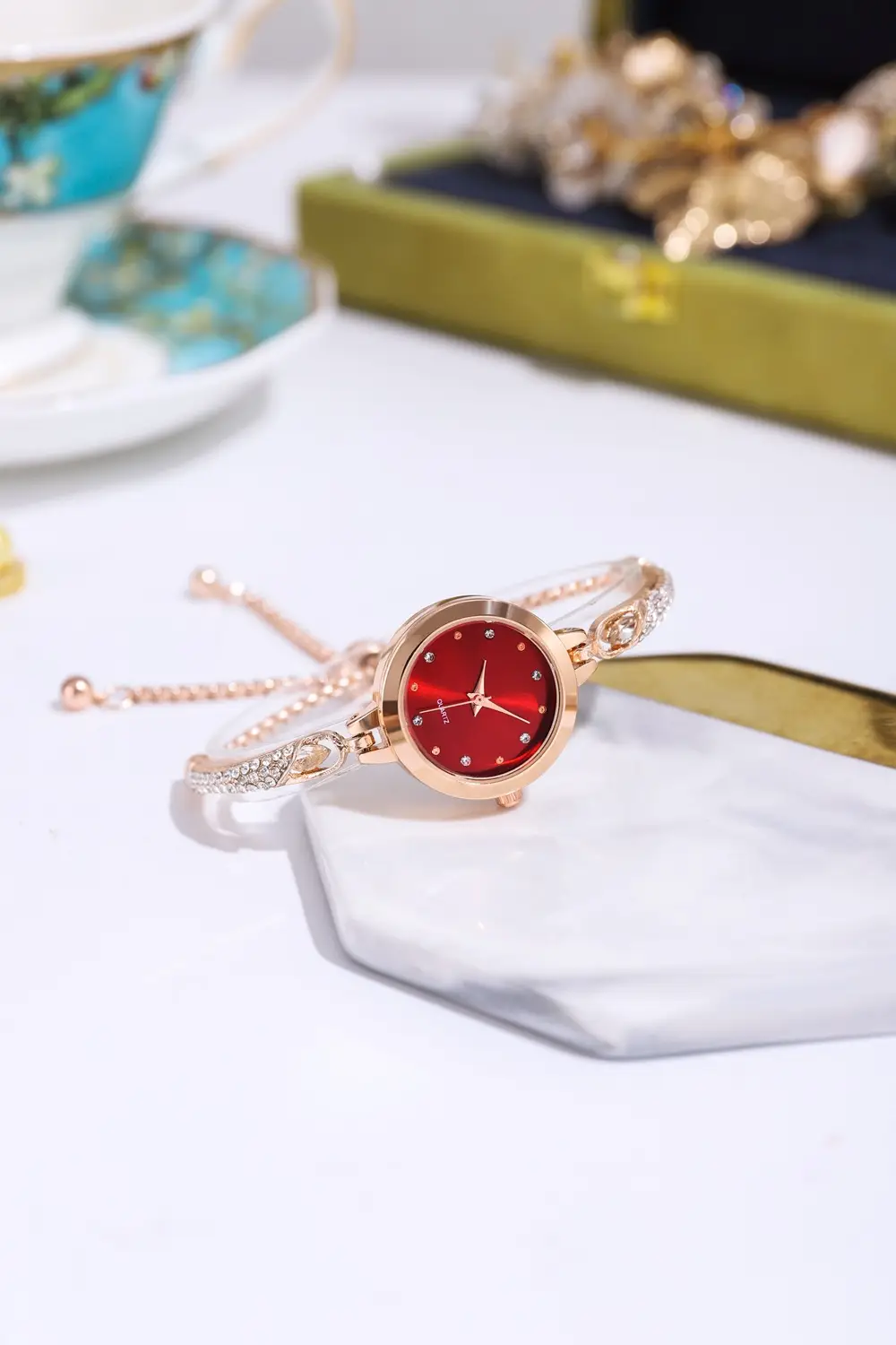 Elegant Rose Gold Women's Bracelet Watch with Crystal Drop — feature 3