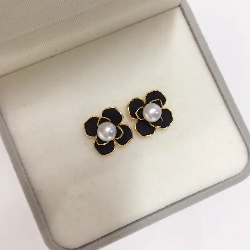 5Pc 18K Gold Filled Black Pearl Flower Earrings for Women - Image 3