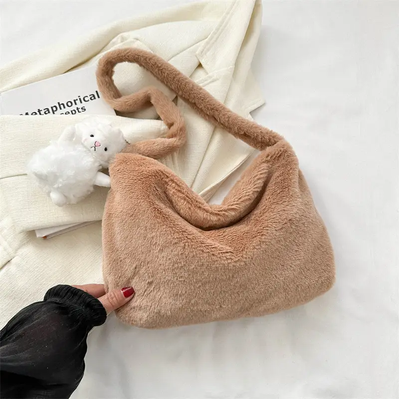 Black Plush Shoulder Bag for Women 2023