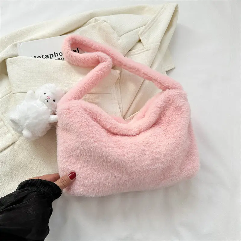 Black Plush Shoulder Bag for Women 2023