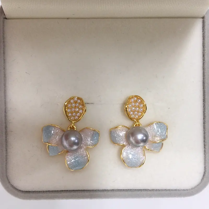 5Pearl Flower Earrings Gold Plated Blue Sparkle - Image 4