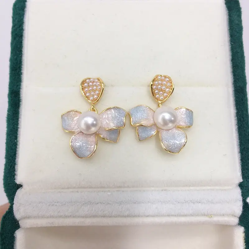 5Pearl Flower Earrings Gold Plated Blue Sparkle - Image 5