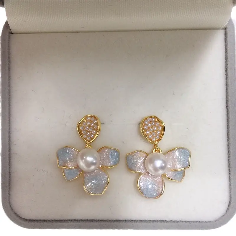 5Pearl Flower Earrings Gold Plated Blue Sparkle - Image 7