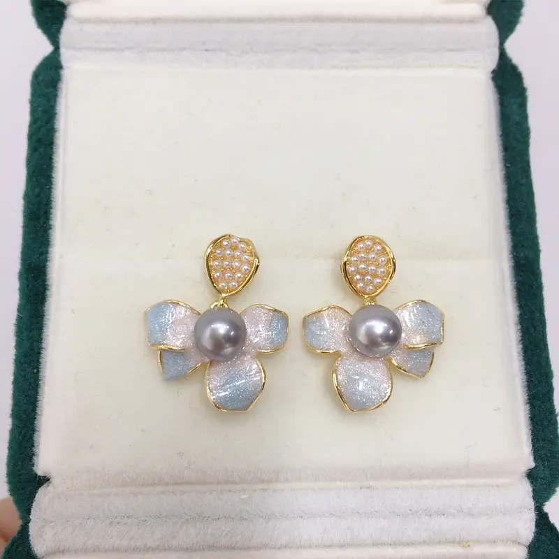 5Pearl Flower Earrings Gold Plated Blue Sparkle - Image 2