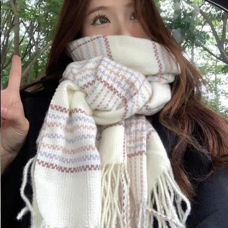 2025 White Plaid Korean Style Scarf Warm Neck Warmer - Image 4
