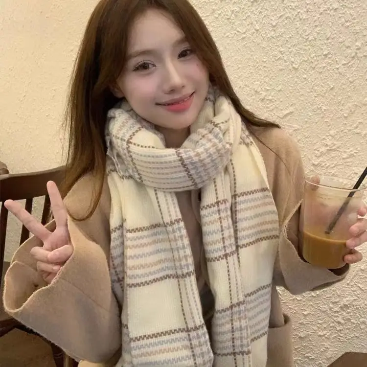 2025 White Plaid Korean Style Scarf Warm Neck Warmer - Image 6