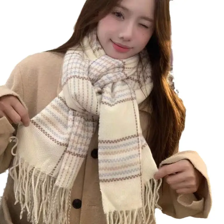 2025 White Plaid Korean Style Scarf Warm Neck Warmer - Image 7