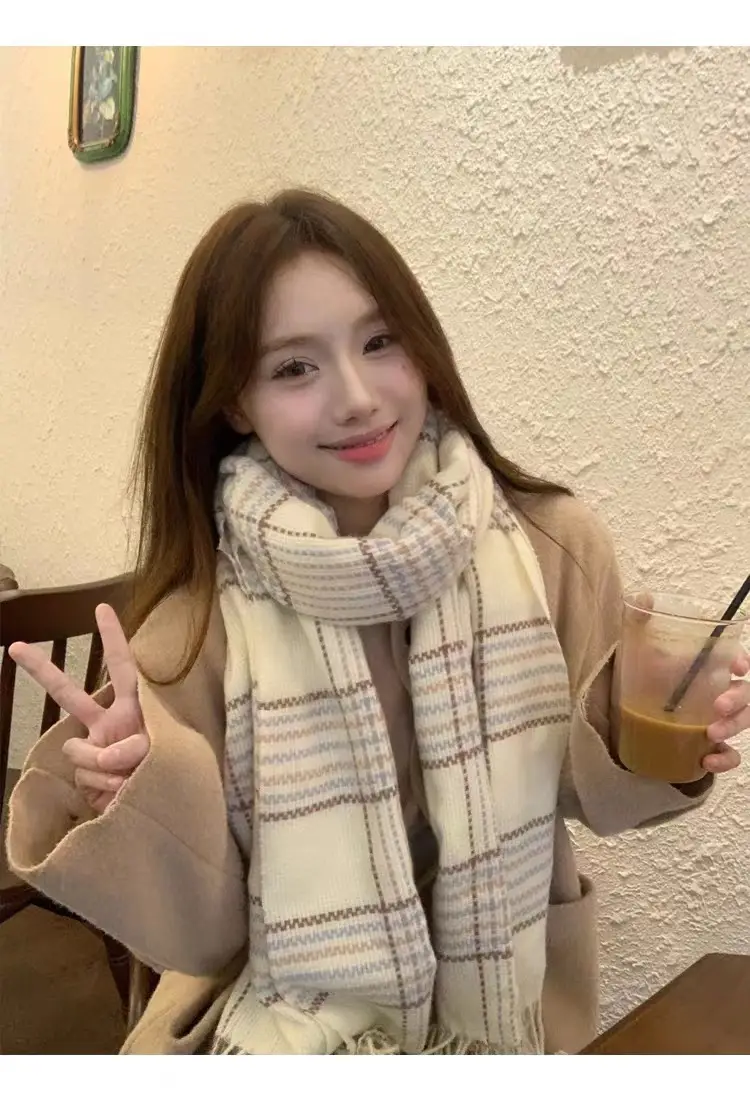 2025 White Plaid Korean Style Scarf Warm Neck Warmer — feature 5