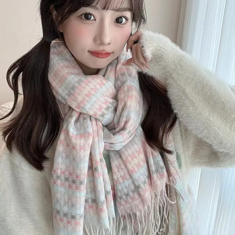 2025 White Plaid Korean Style Scarf Warm Neck Warmer - Image 2