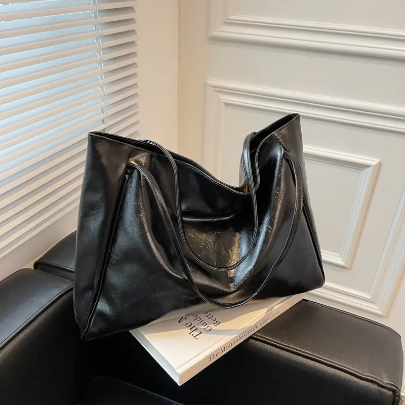 Solid color bag for women 2023 autumn new European and American Retro Fashion Tote Bag glossy large capacity commuter shoulder bag - Image 3