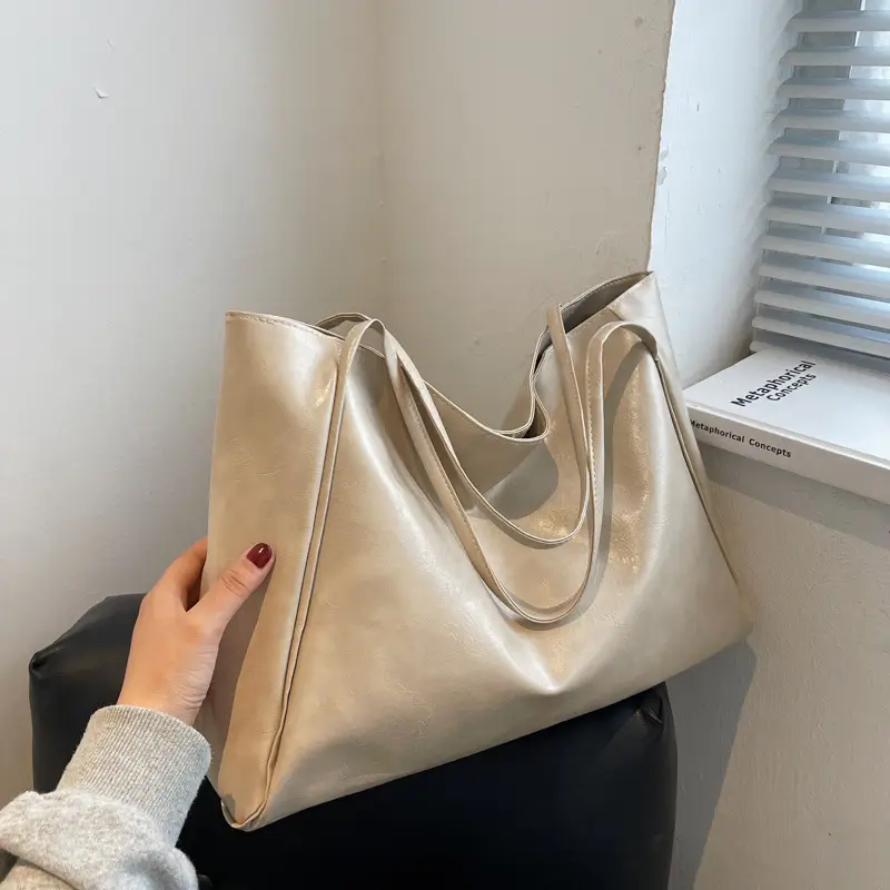 Solid color bag for women 2023 autumn new European and American Retro Fashion Tote Bag glossy large capacity commuter shoulder bag - Image 5