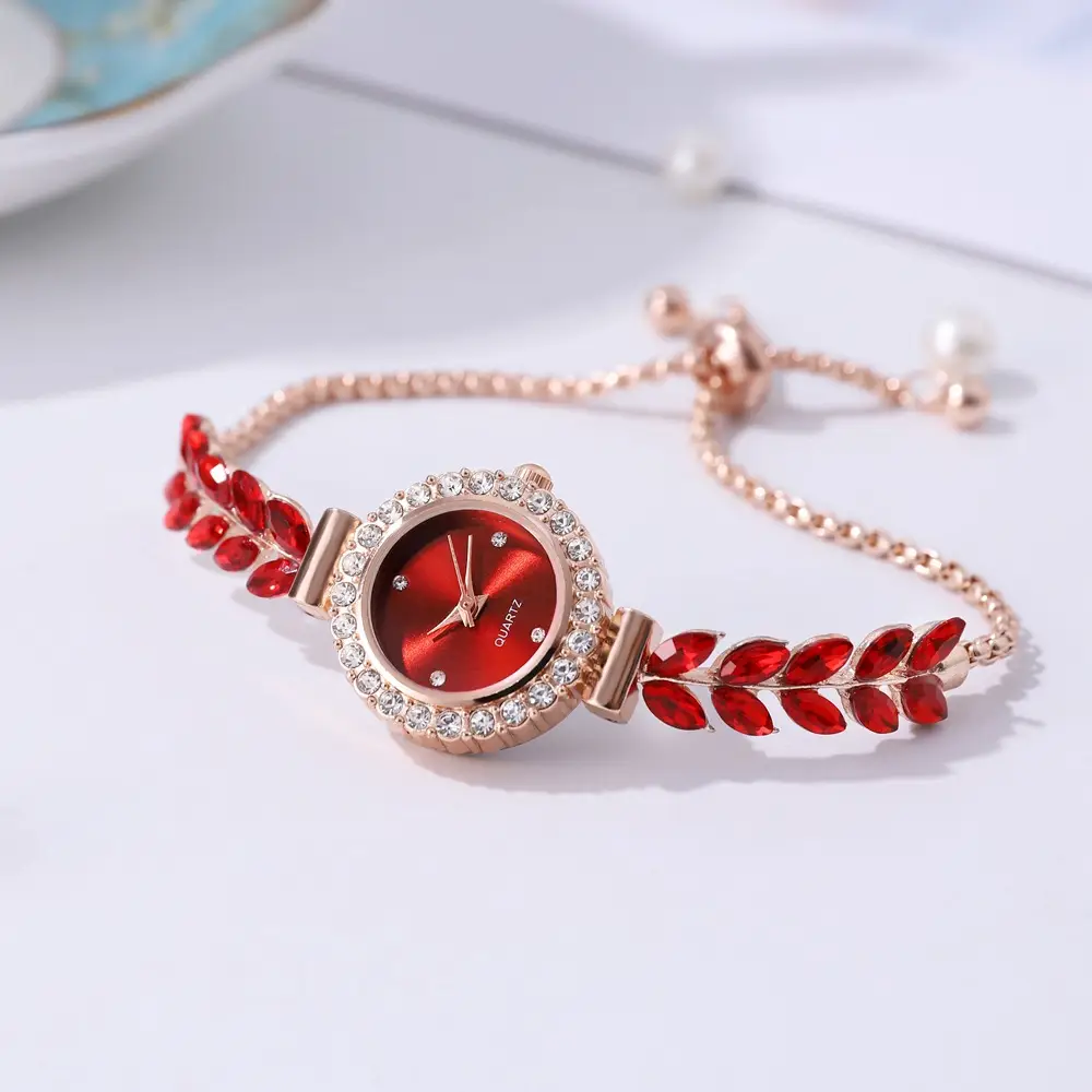 Women's Red Leaf Rhinestone Watch Bracelet