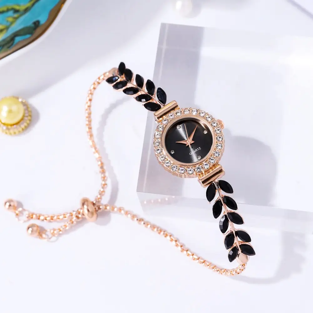 Women's Red Leaf Rhinestone Watch Bracelet
