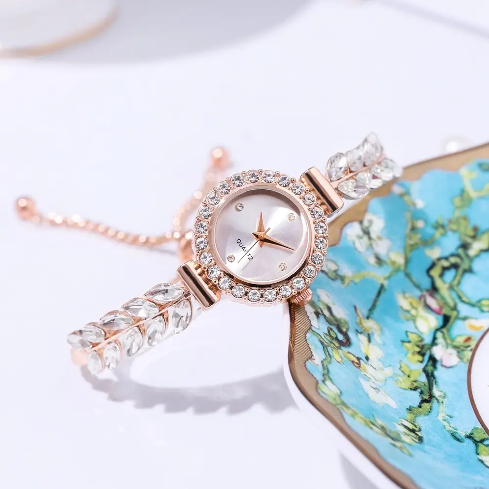 Women's Red Leaf Rhinestone Watch Bracelet