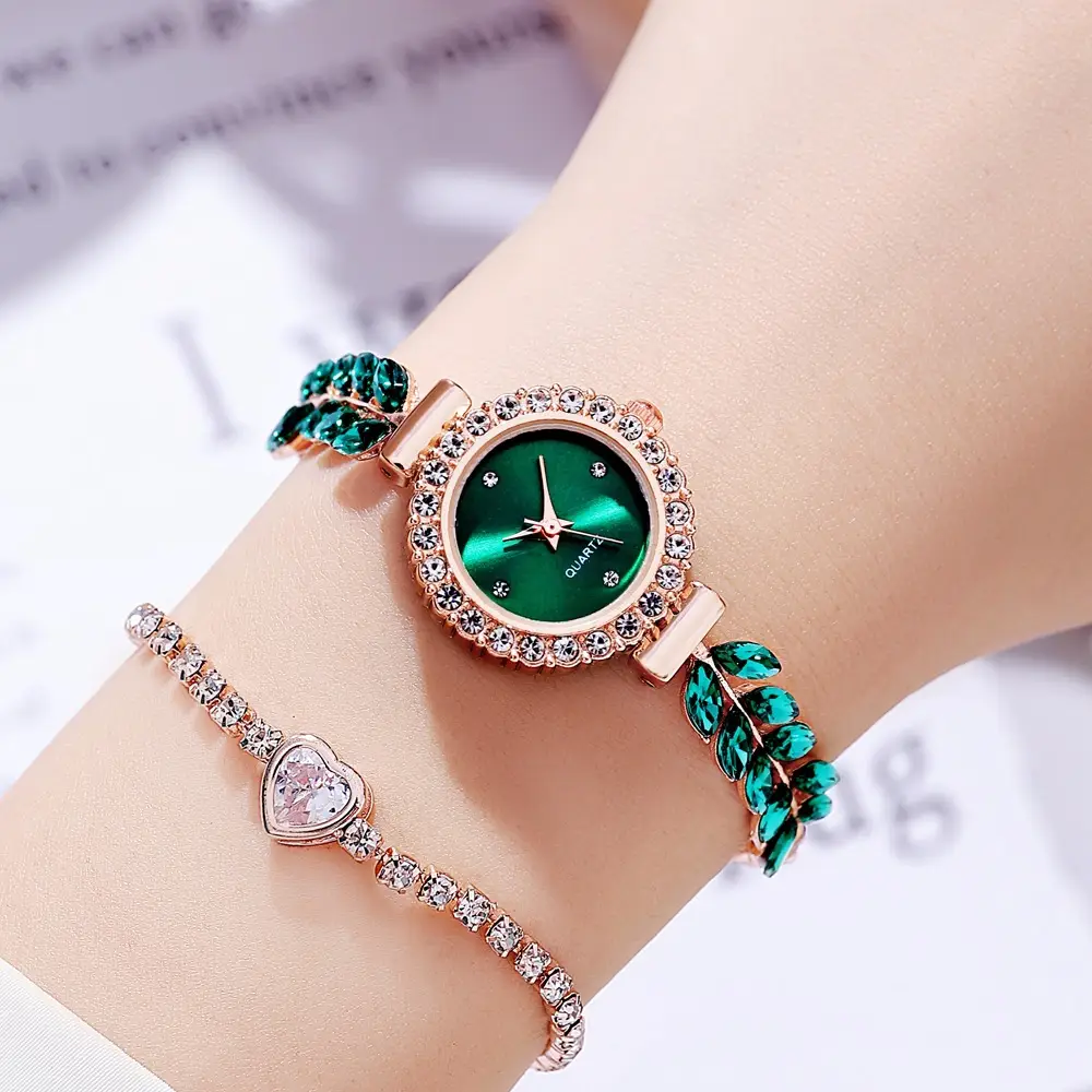 Women's Red Leaf Rhinestone Watch Bracelet