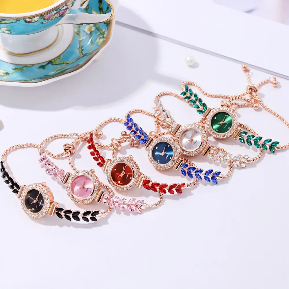 Women's Red Leaf Rhinestone Watch Bracelet