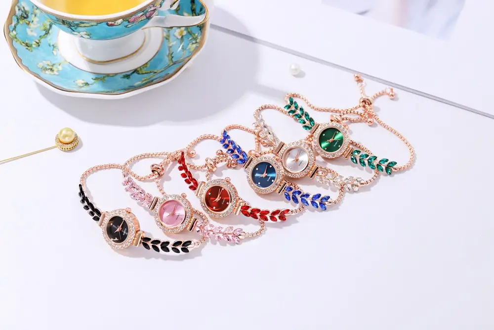 Women's Red Leaf Rhinestone Watch Bracelet — feature 1