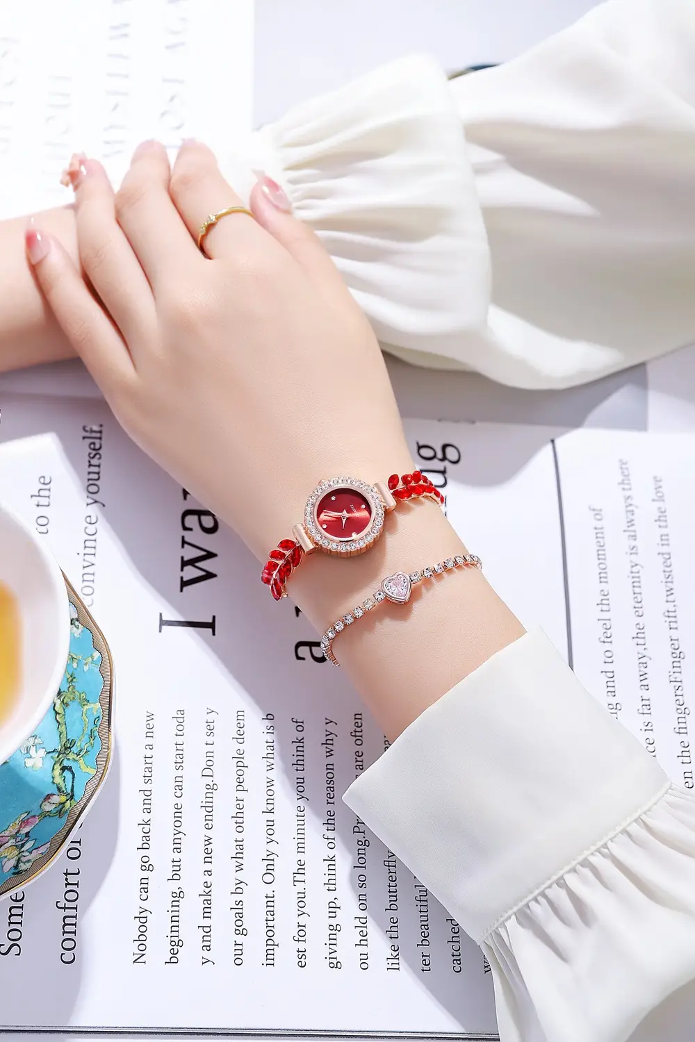 Women's Red Leaf Rhinestone Watch Bracelet — feature 10