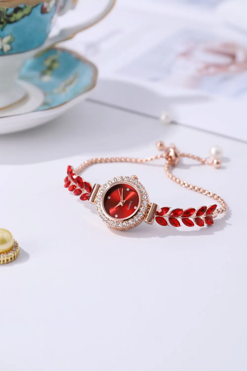 Women's Red Leaf Rhinestone Watch Bracelet — feature 2