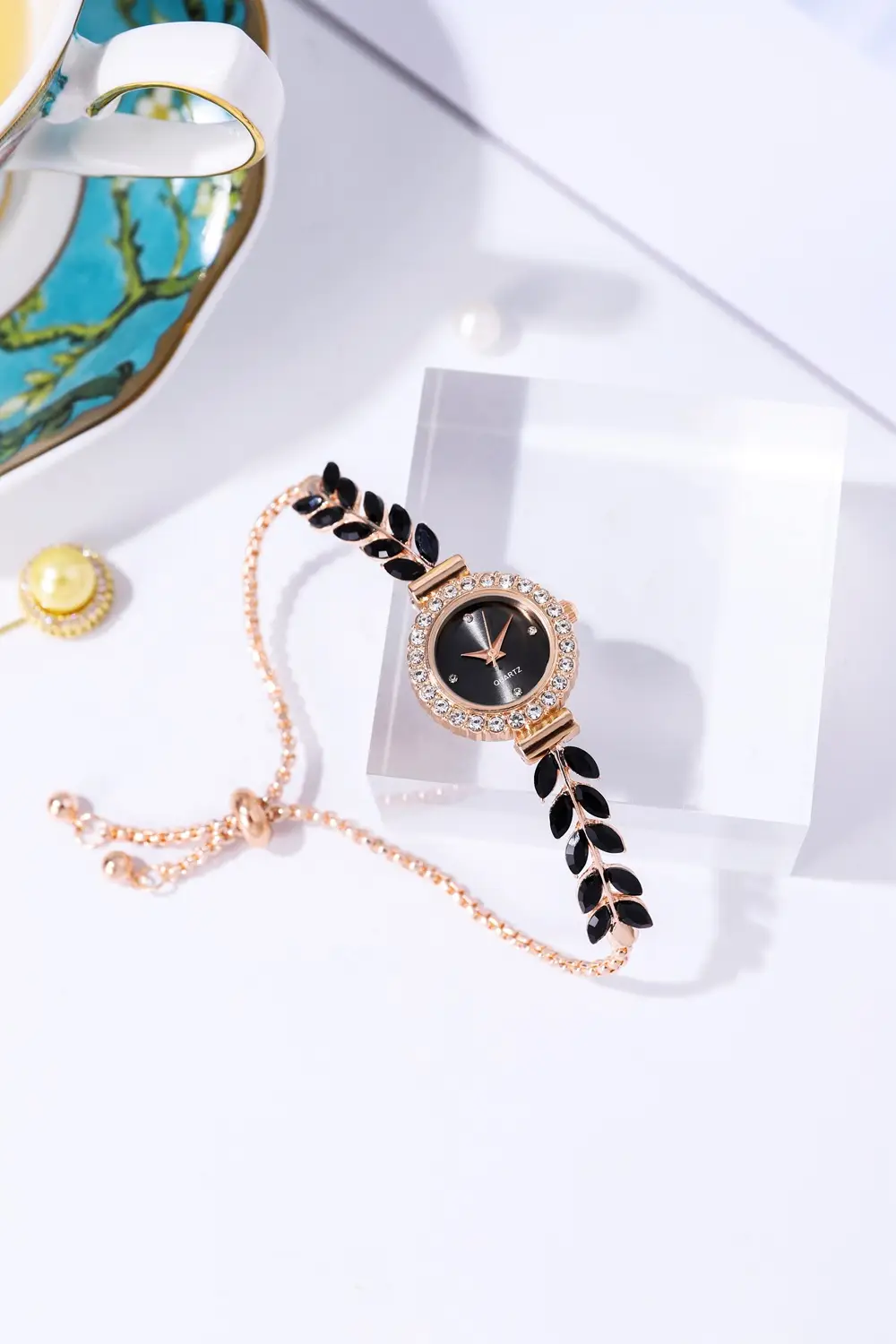 Women's Red Leaf Rhinestone Watch Bracelet — feature 3