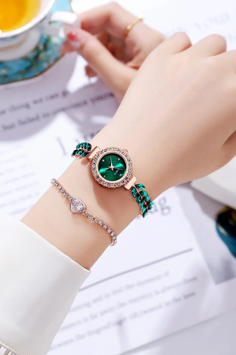 Women's Red Leaf Rhinestone Watch Bracelet — feature 5