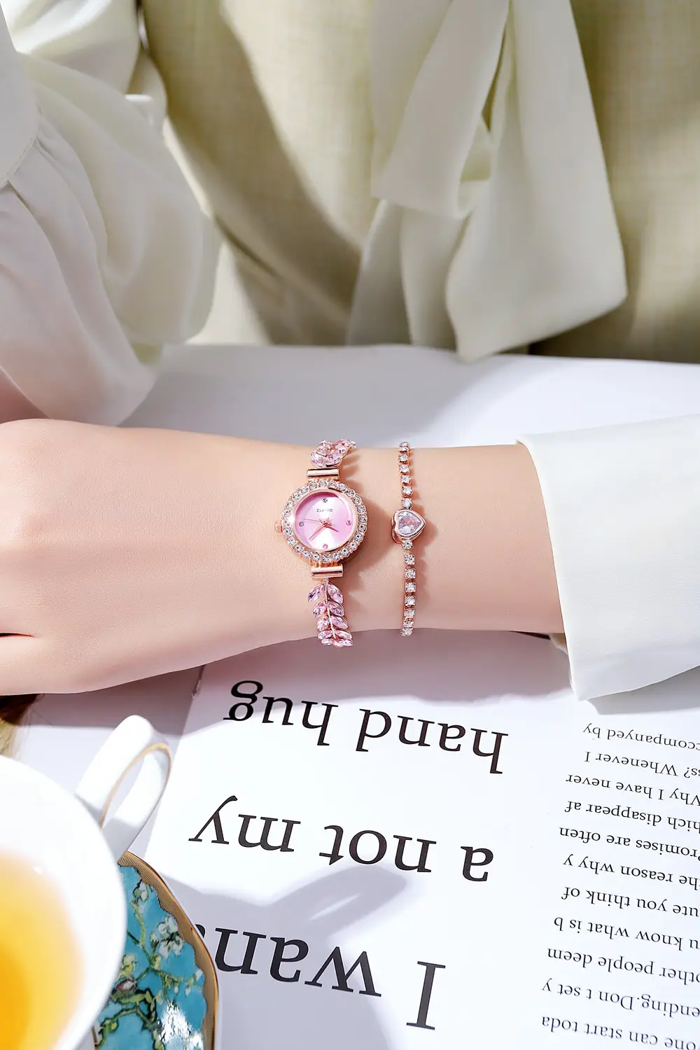 Women's Red Leaf Rhinestone Watch Bracelet — feature 6