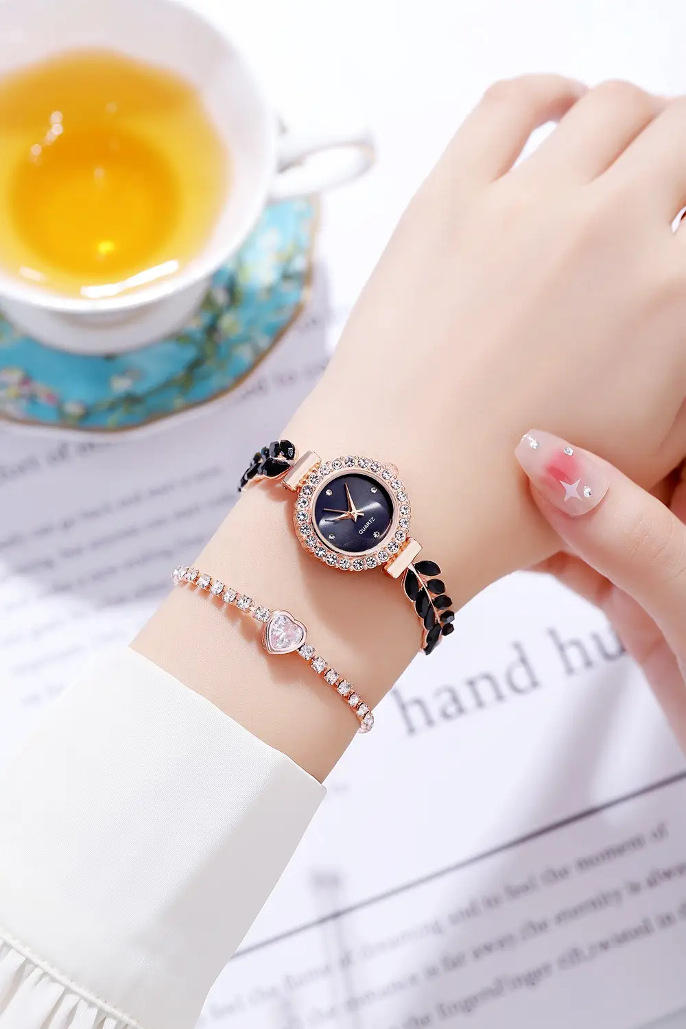 Women's Red Leaf Rhinestone Watch Bracelet — feature 7