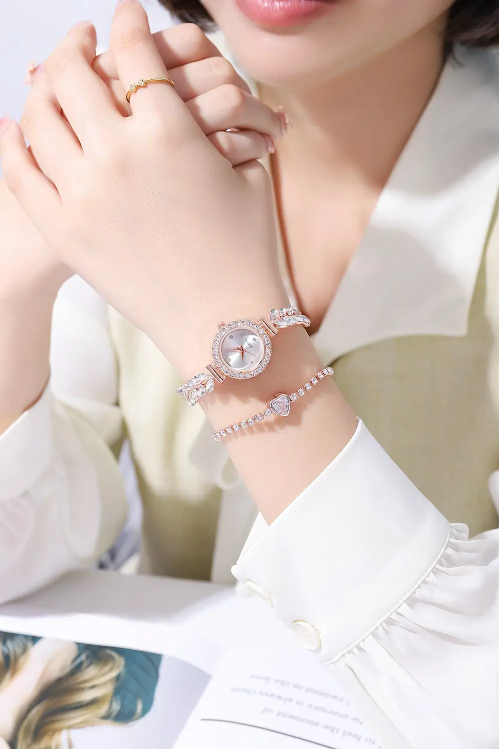 Women's Red Leaf Rhinestone Watch Bracelet — feature 8