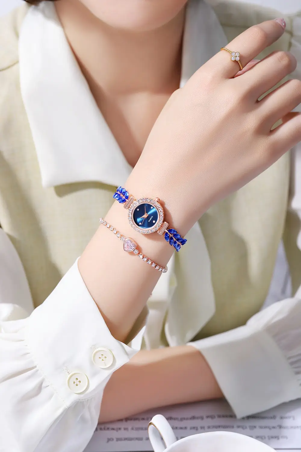 Women's Red Leaf Rhinestone Watch Bracelet — feature 9