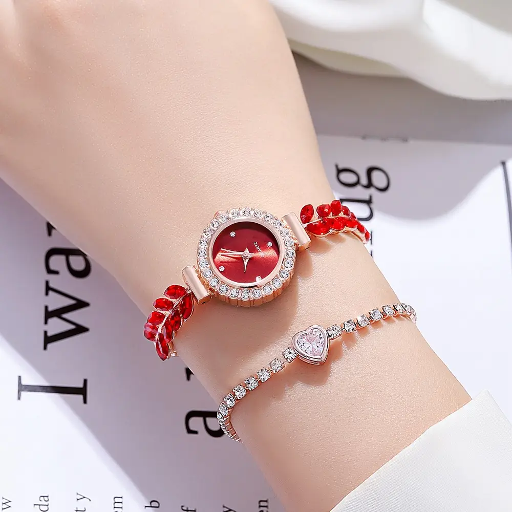Women's Red Leaf Rhinestone Watch Bracelet