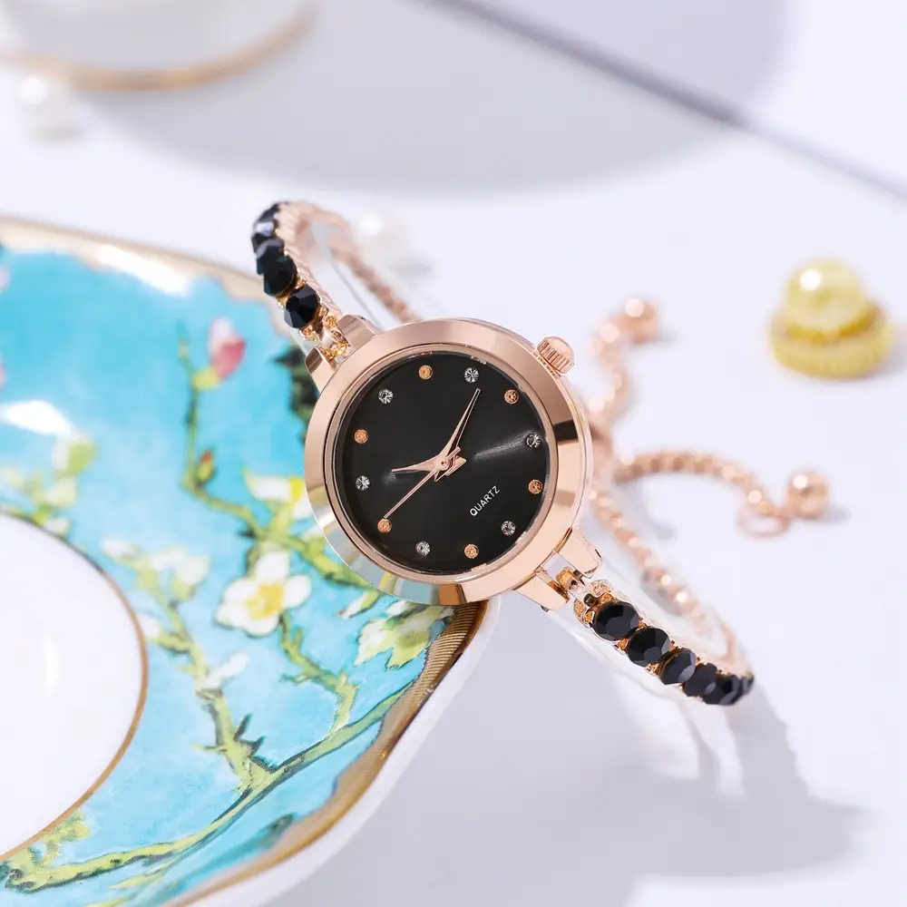 Women's Rhinestone Bracelet Watch Rose Gold Black Dial - Image 6