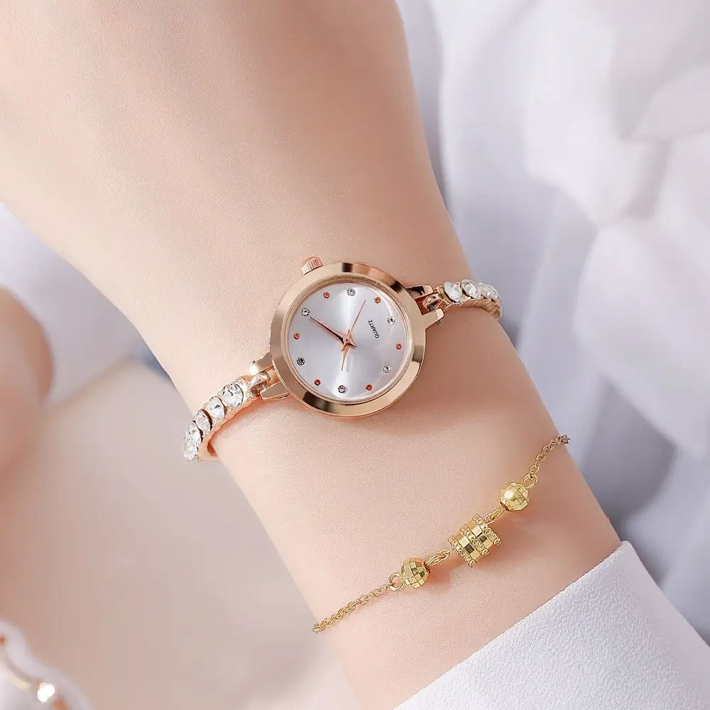 Women's Rhinestone Bracelet Watch Rose Gold Black Dial - Image 5
