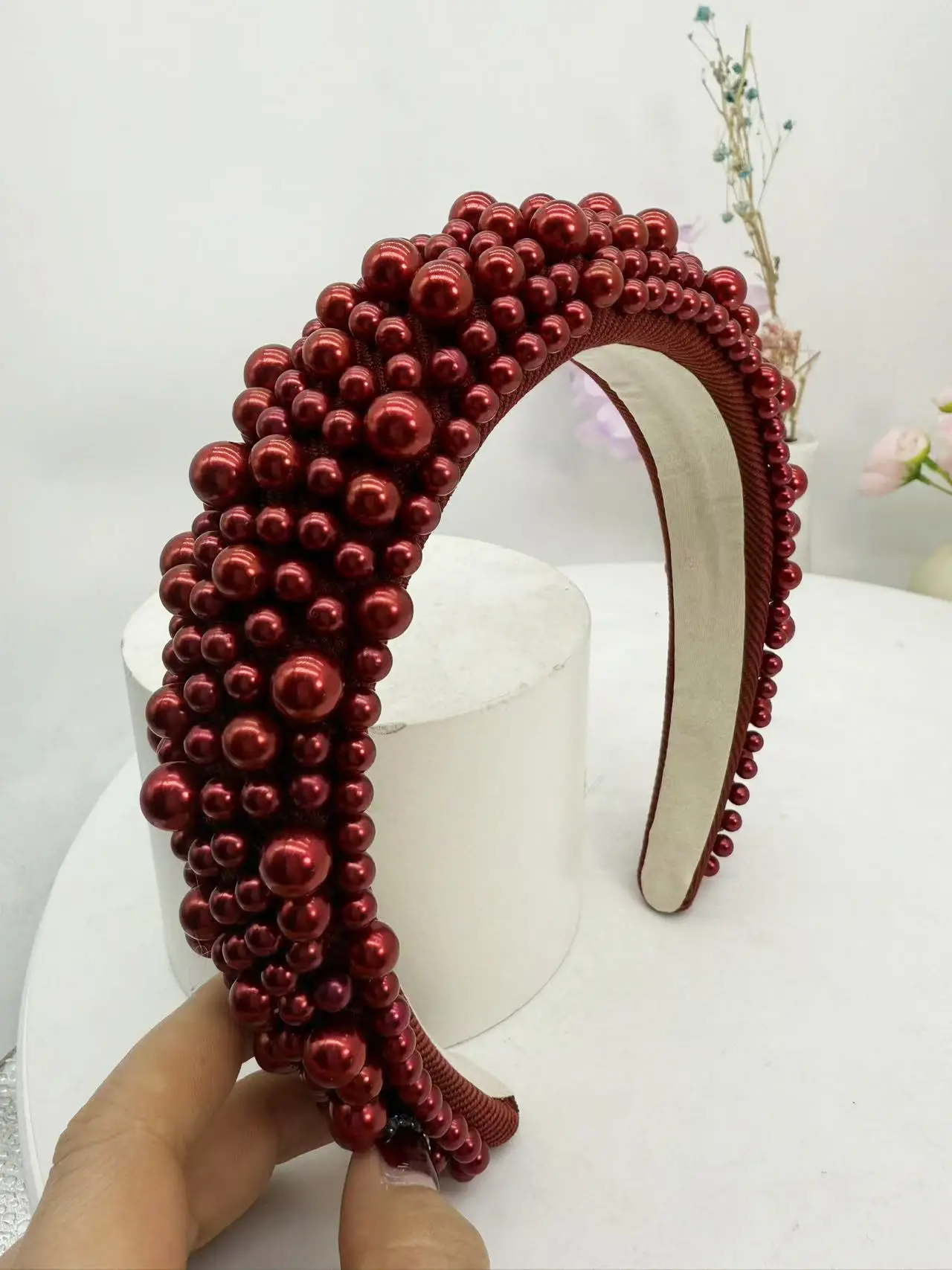 European American High Cranial Top Sponge Pearl Headband Valentine's Day Pink - Image 4